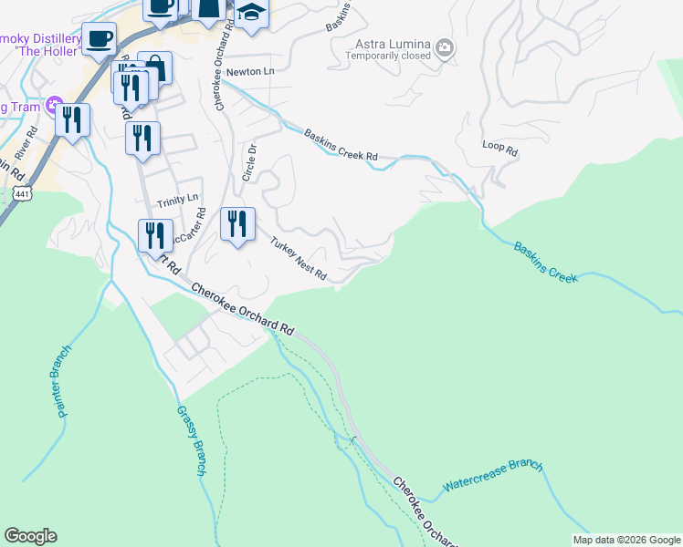 map of restaurants, bars, coffee shops, grocery stores, and more near 810 Park Drive in Gatlinburg