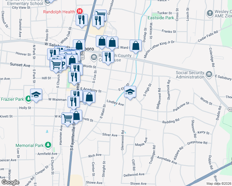 map of restaurants, bars, coffee shops, grocery stores, and more near 231 South Elm Street in Asheboro