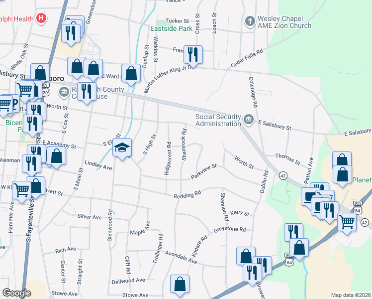 map of restaurants, bars, coffee shops, grocery stores, and more near 201 Shamrock Road in Asheboro