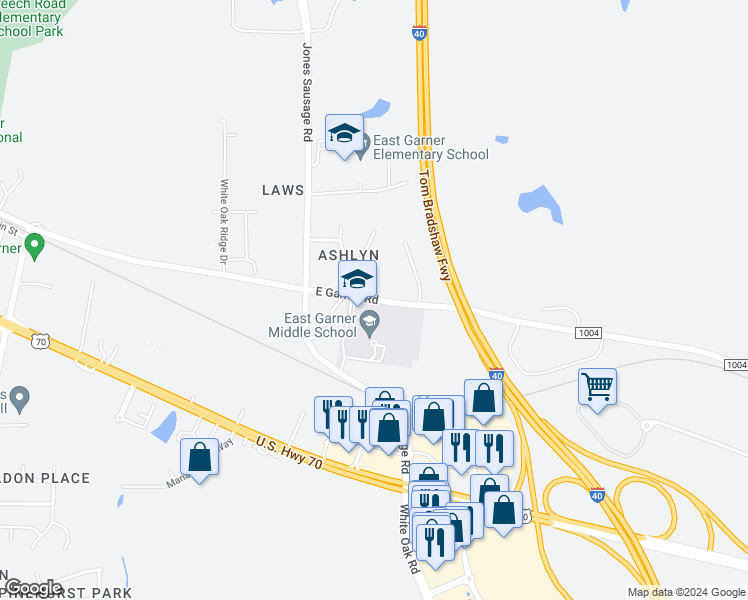 map of restaurants, bars, coffee shops, grocery stores, and more near 1217 East Garner Road in Garner