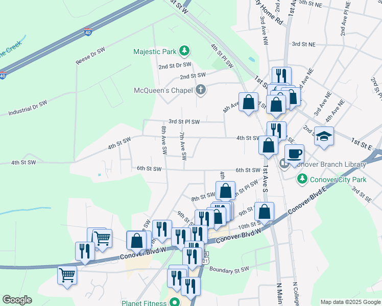 map of restaurants, bars, coffee shops, grocery stores, and more near 468-498 6th Ave SW in Conover