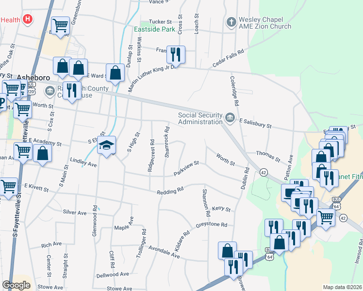 map of restaurants, bars, coffee shops, grocery stores, and more near 201 Gardiner Road in Asheboro