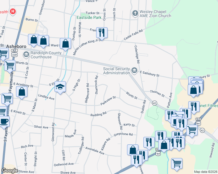 map of restaurants, bars, coffee shops, grocery stores, and more near 201 Gardiner Road in Asheboro