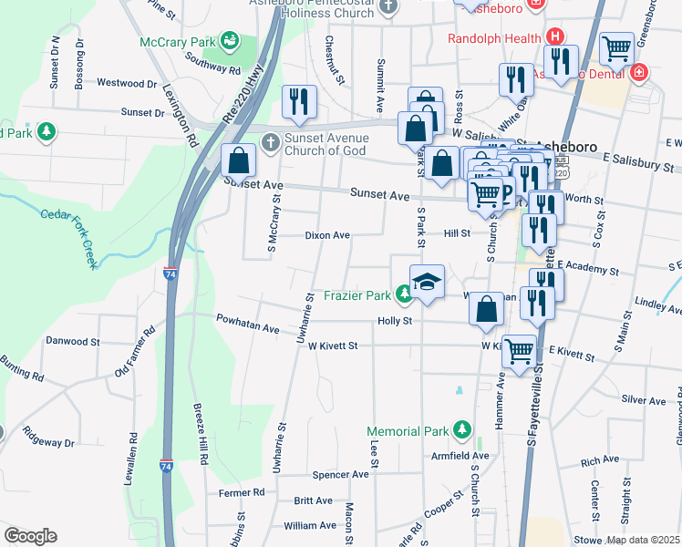 map of restaurants, bars, coffee shops, grocery stores, and more near 306 Pershing Street in Asheboro