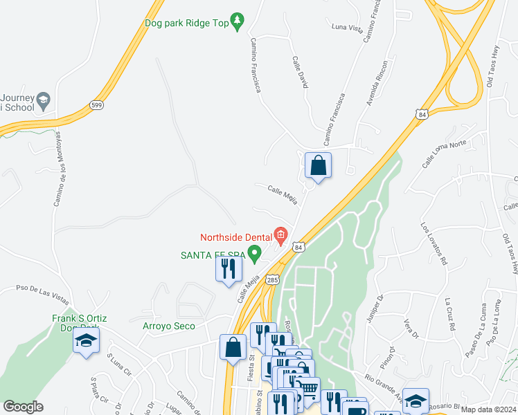 map of restaurants, bars, coffee shops, grocery stores, and more near 774 Viento Circle in Santa Fe