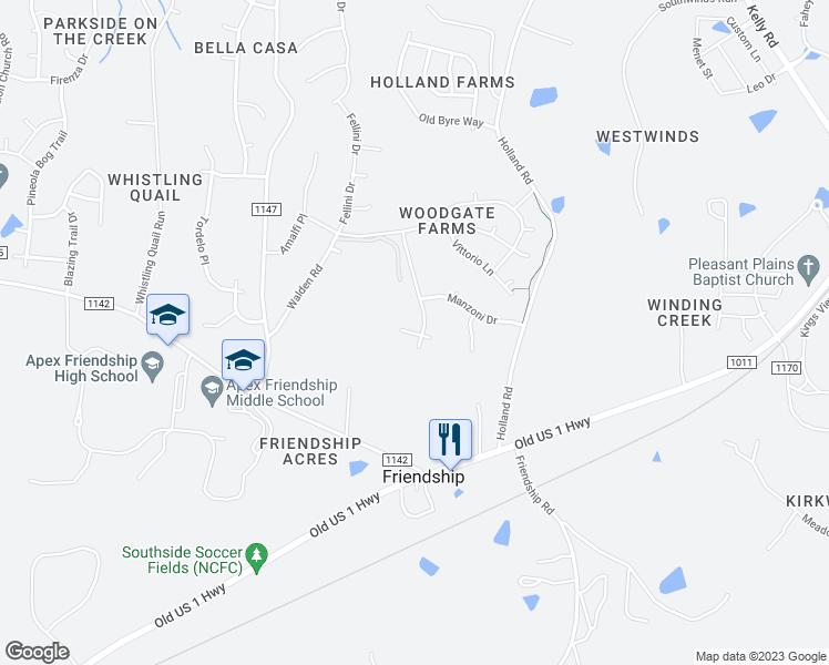 map of restaurants, bars, coffee shops, grocery stores, and more near Vetrina Way in Apex