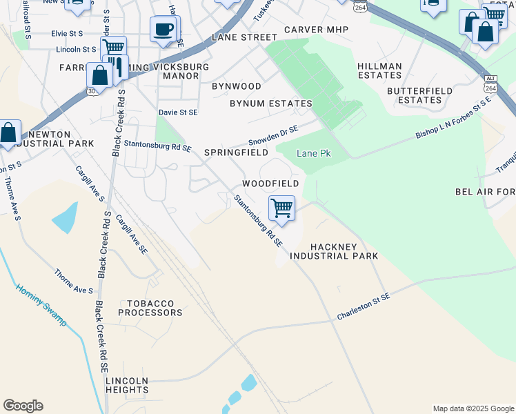 map of restaurants, bars, coffee shops, grocery stores, and more near 1812 Birchwood Drive Southeast in Wilson