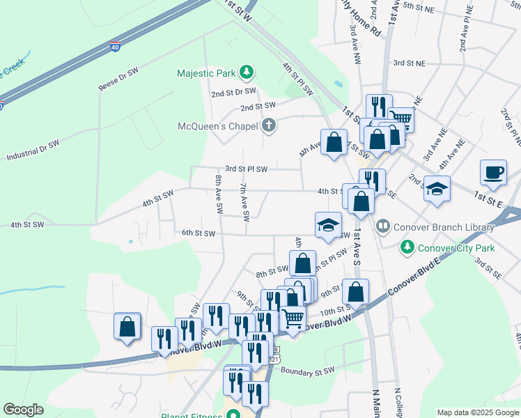 map of restaurants, bars, coffee shops, grocery stores, and more near 468 6th Avenue Southwest in Conover
