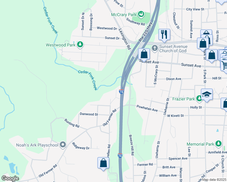 map of restaurants, bars, coffee shops, grocery stores, and more near 831 Norman Street in Asheboro