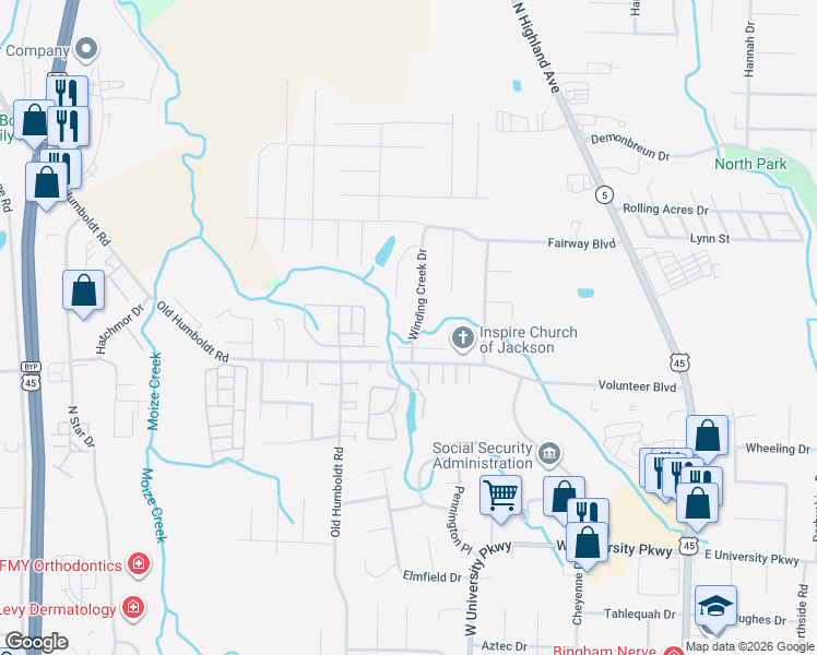 map of restaurants, bars, coffee shops, grocery stores, and more near 135 Winding Creek Drive in Jackson