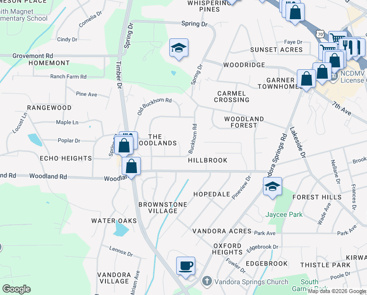 map of restaurants, bars, coffee shops, grocery stores, and more near 102 Amberhill Ct in Garner