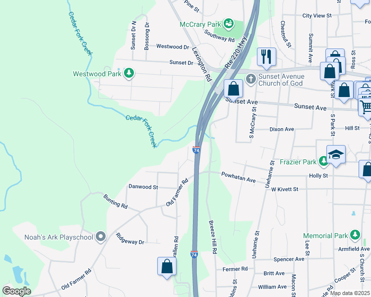 map of restaurants, bars, coffee shops, grocery stores, and more near 831 Norman Street in Asheboro