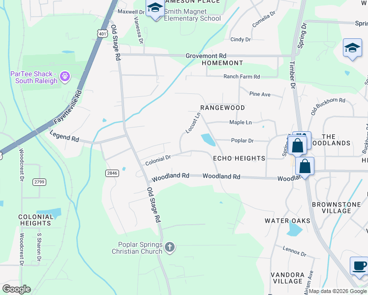 map of restaurants, bars, coffee shops, grocery stores, and more near 732 Colonial Drive in Raleigh