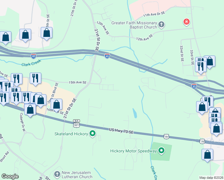 map of restaurants, bars, coffee shops, grocery stores, and more near 2830 14th Avenue Circle Southeast in Hickory