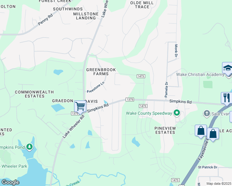 map of restaurants, bars, coffee shops, grocery stores, and more near 2698 Simpkins Road in Raleigh