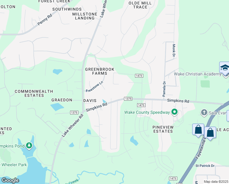 map of restaurants, bars, coffee shops, grocery stores, and more near 2698 Simpkins Road in Raleigh
