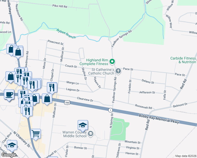 map of restaurants, bars, coffee shops, grocery stores, and more near 103 Cherry Lane in McMinnville
