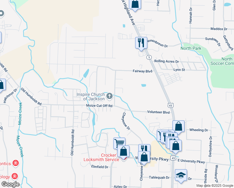 map of restaurants, bars, coffee shops, grocery stores, and more near 224 Moize Cut Off Road in Jackson