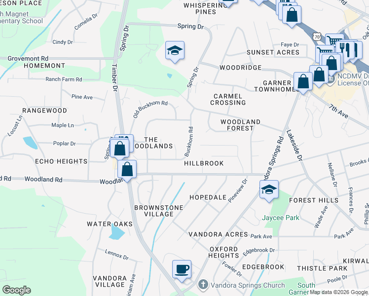 map of restaurants, bars, coffee shops, grocery stores, and more near 102 Amberhill Court in Garner