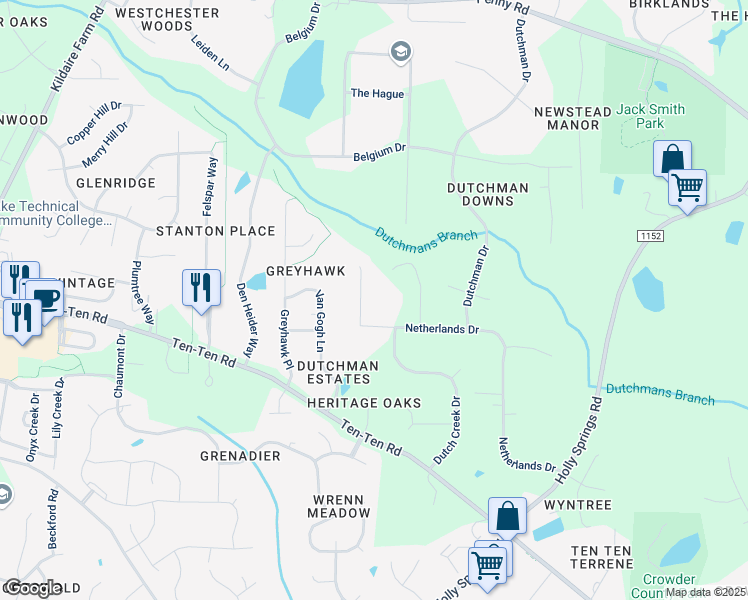map of restaurants, bars, coffee shops, grocery stores, and more near 8205 Netherlands Drive in Raleigh