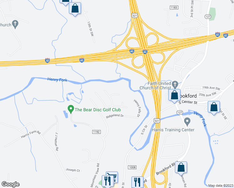 map of restaurants, bars, coffee shops, grocery stores, and more near 4986 Timber Valley Lane in Hickory