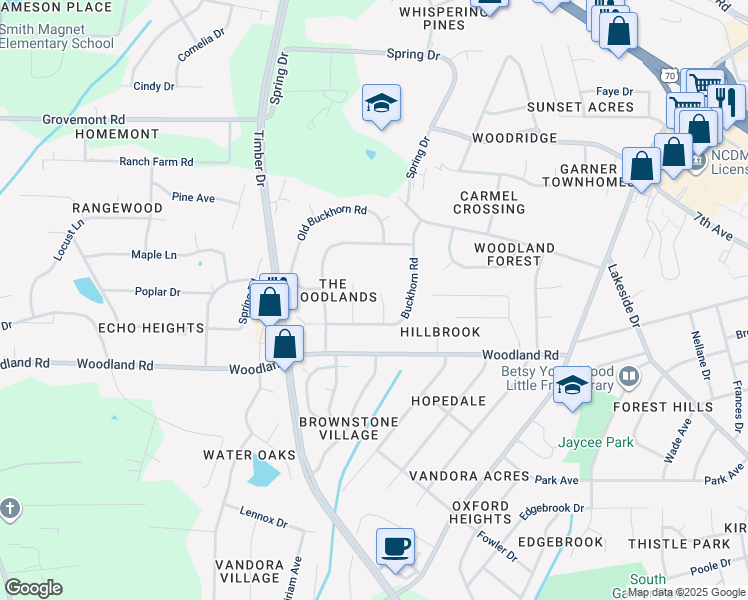 map of restaurants, bars, coffee shops, grocery stores, and more near 105 Amberhill Court in Garner