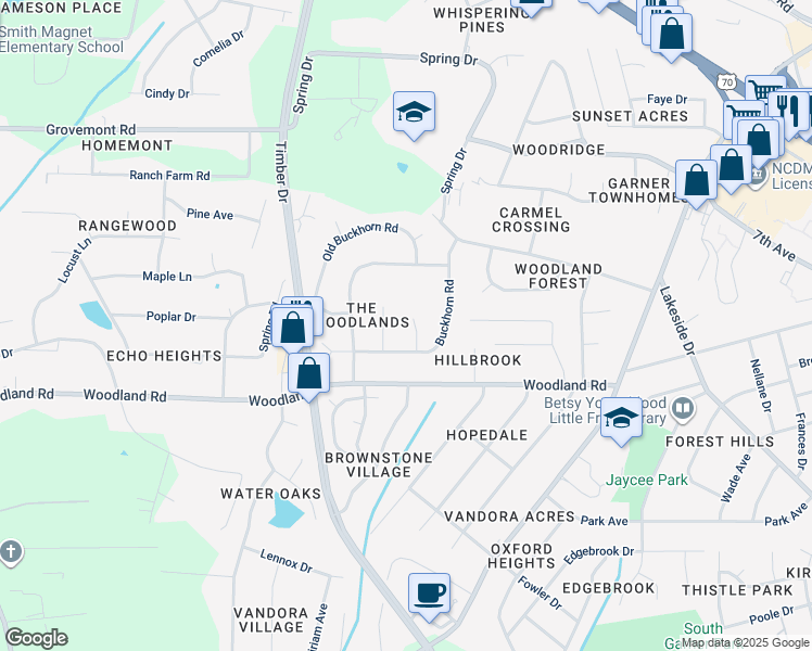 map of restaurants, bars, coffee shops, grocery stores, and more near 105 Amberhill Court in Garner