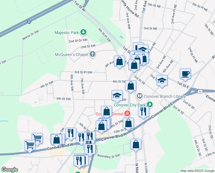 map of restaurants, bars, coffee shops, grocery stores, and more near 412 3rd Avenue Southwest in Conover