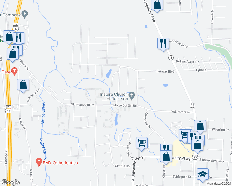 map of restaurants, bars, coffee shops, grocery stores, and more near 123 Winding Creek Drive in Jackson