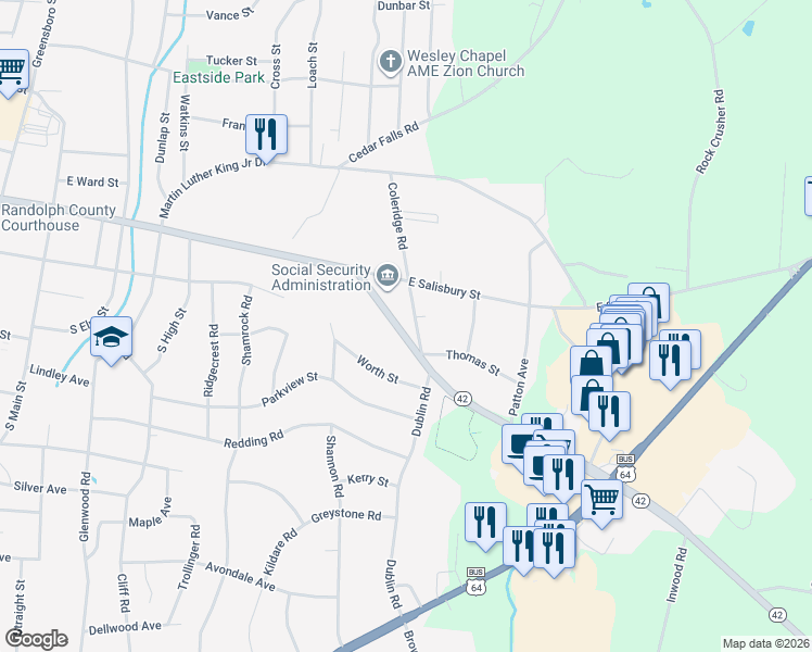 map of restaurants, bars, coffee shops, grocery stores, and more near 537 North Carolina 42 in Asheboro