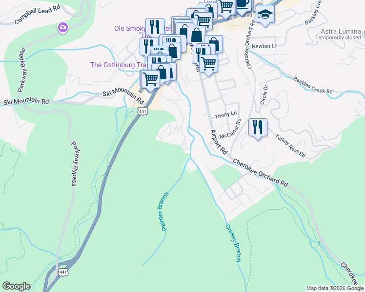 map of restaurants, bars, coffee shops, grocery stores, and more near 824 Eagle Cove Way in Gatlinburg