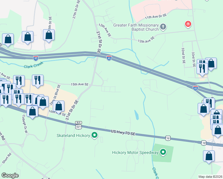 map of restaurants, bars, coffee shops, grocery stores, and more near 2830 14th Avenue Circle Southeast in Hickory