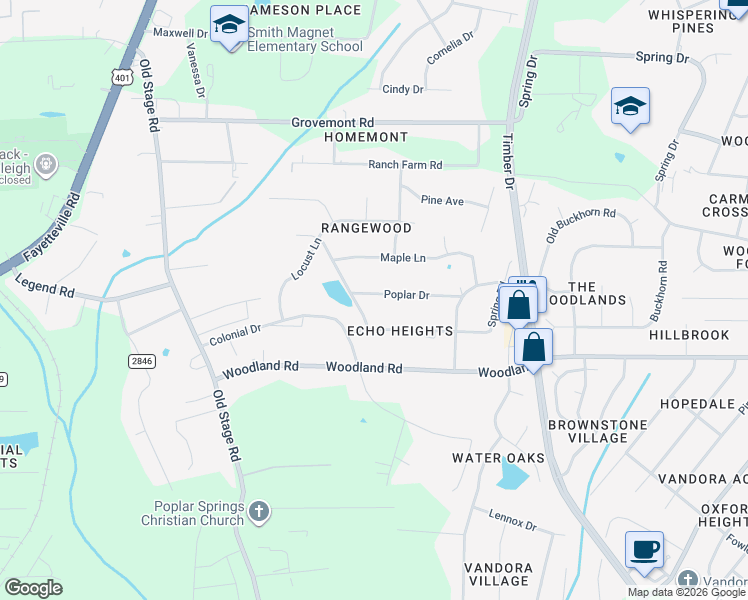 map of restaurants, bars, coffee shops, grocery stores, and more near 613 Poplar Drive in Raleigh