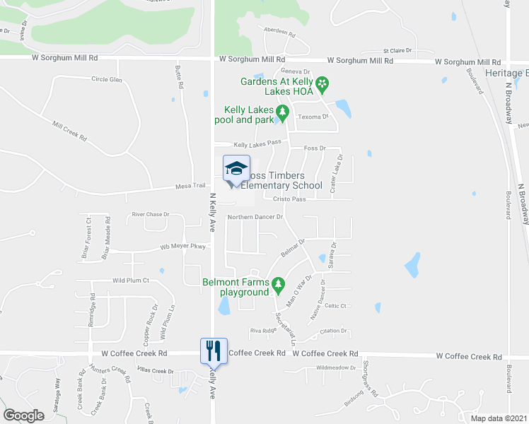 map of restaurants, bars, coffee shops, grocery stores, and more near 733 Northern Dancer Drive in Edmond
