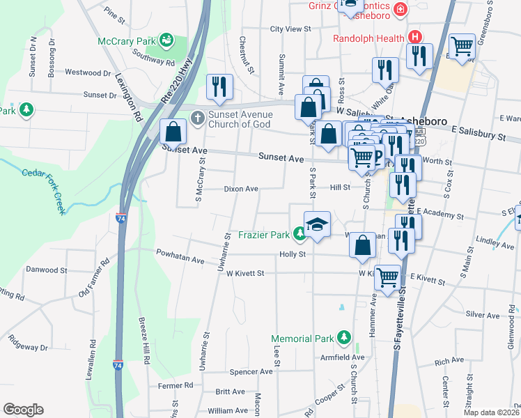 map of restaurants, bars, coffee shops, grocery stores, and more near 306 Pershing Street in Asheboro