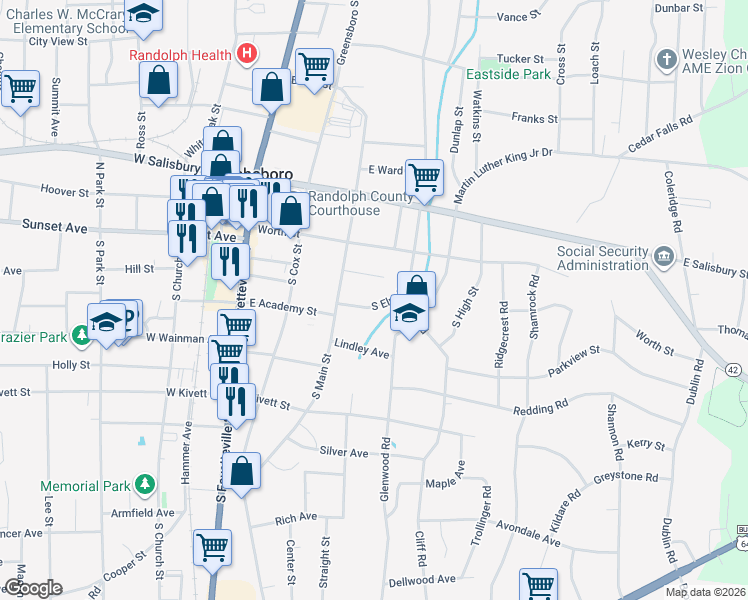 map of restaurants, bars, coffee shops, grocery stores, and more near 231 South Elm Street in Asheboro