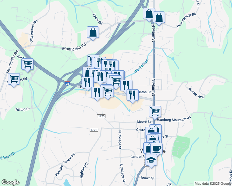 map of restaurants, bars, coffee shops, grocery stores, and more near 50 Weaver Boulevard in Weaverville