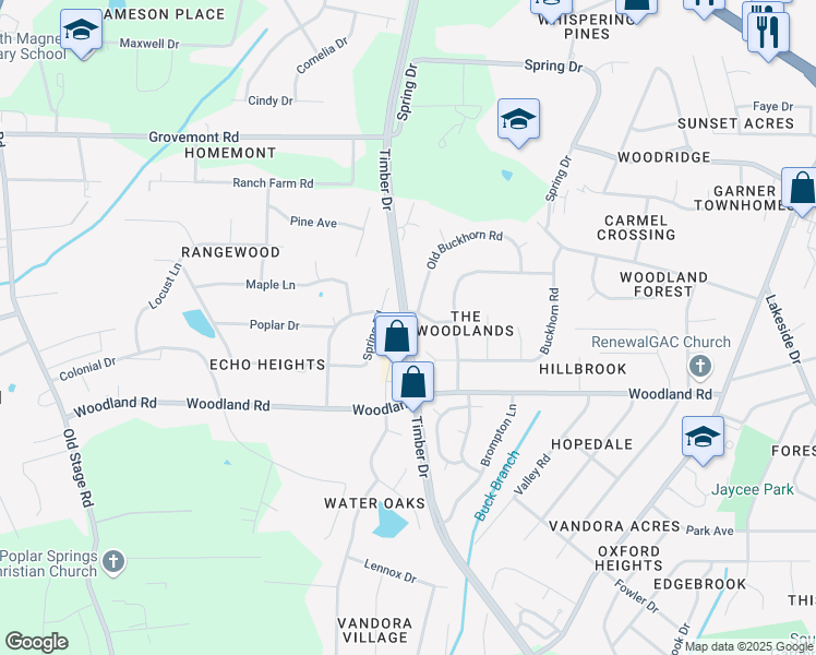 map of restaurants, bars, coffee shops, grocery stores, and more near Timber Drive in Garner