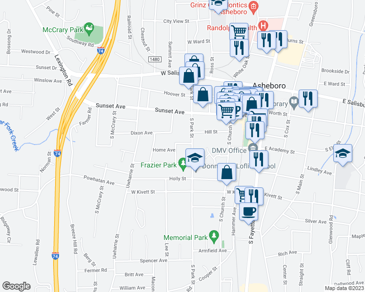 map of restaurants, bars, coffee shops, grocery stores, and more near 517 Home Avenue in Asheboro