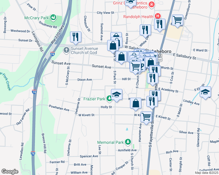 map of restaurants, bars, coffee shops, grocery stores, and more near 326 South Park Street in Asheboro