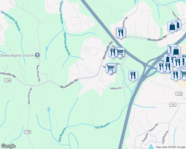 map of restaurants, bars, coffee shops, grocery stores, and more near 164 Monticello Road in Weaverville