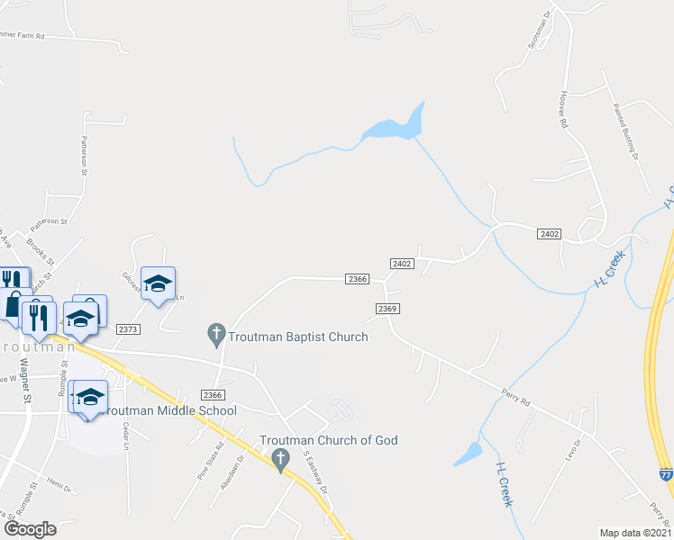 map of restaurants, bars, coffee shops, grocery stores, and more near 499 Perry Road in Troutman