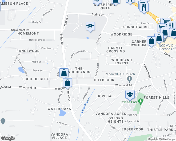map of restaurants, bars, coffee shops, grocery stores, and more near 107 Amberhill Court in Garner