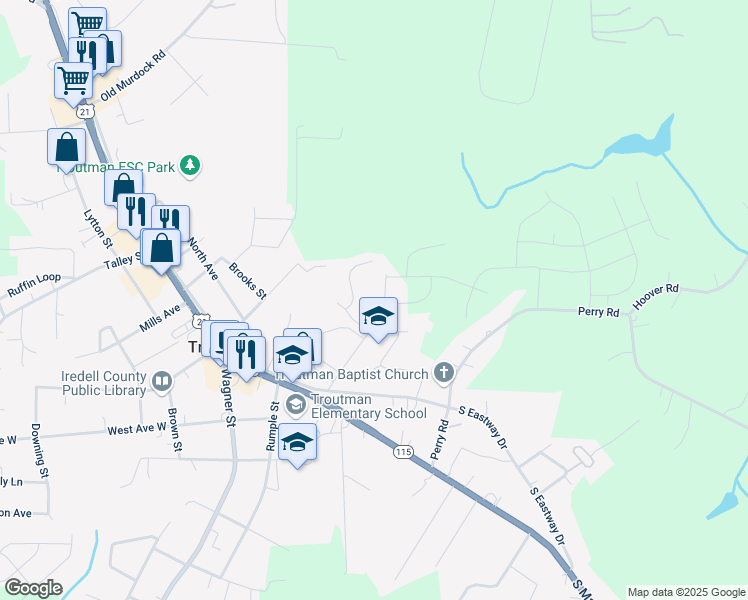 map of restaurants, bars, coffee shops, grocery stores, and more near 399 Winecoff Street in Troutman
