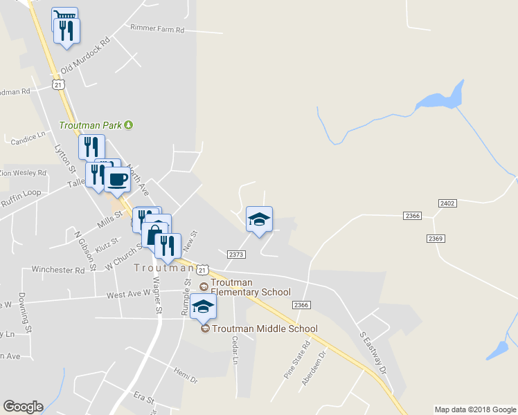 map of restaurants, bars, coffee shops, grocery stores, and more near 399 Winecoff Street in Troutman