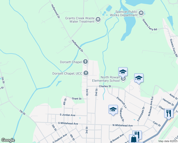map of restaurants, bars, coffee shops, grocery stores, and more near 1325 Hollywood Drive in Spencer