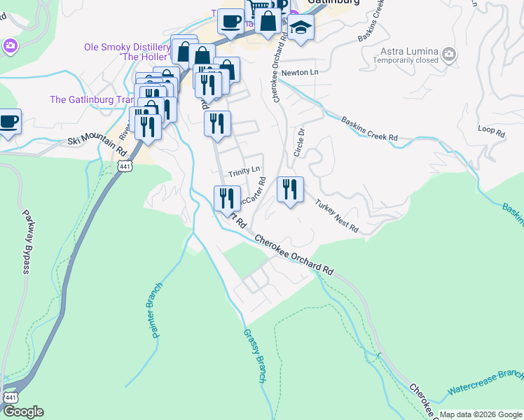 map of restaurants, bars, coffee shops, grocery stores, and more near 720 Widows Knob Road in Gatlinburg