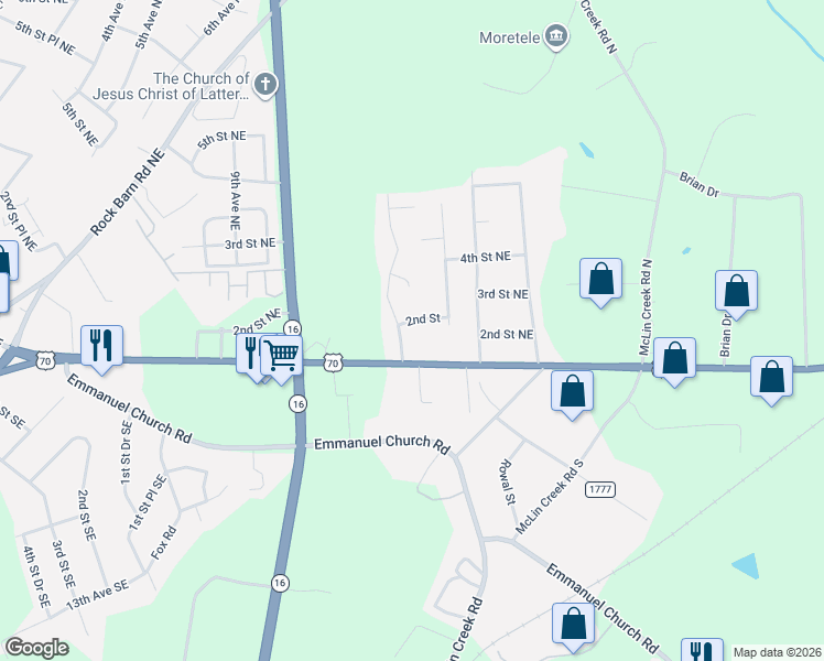 map of restaurants, bars, coffee shops, grocery stores, and more near 1503 2nd Street Northeast in Conover