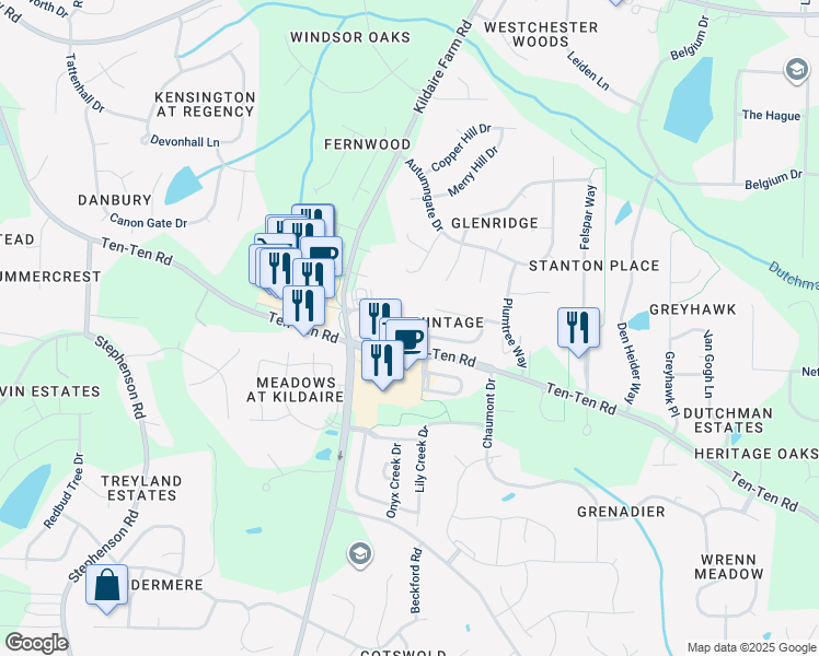 map of restaurants, bars, coffee shops, grocery stores, and more near 107 Sonoma Valley Drive in Cary