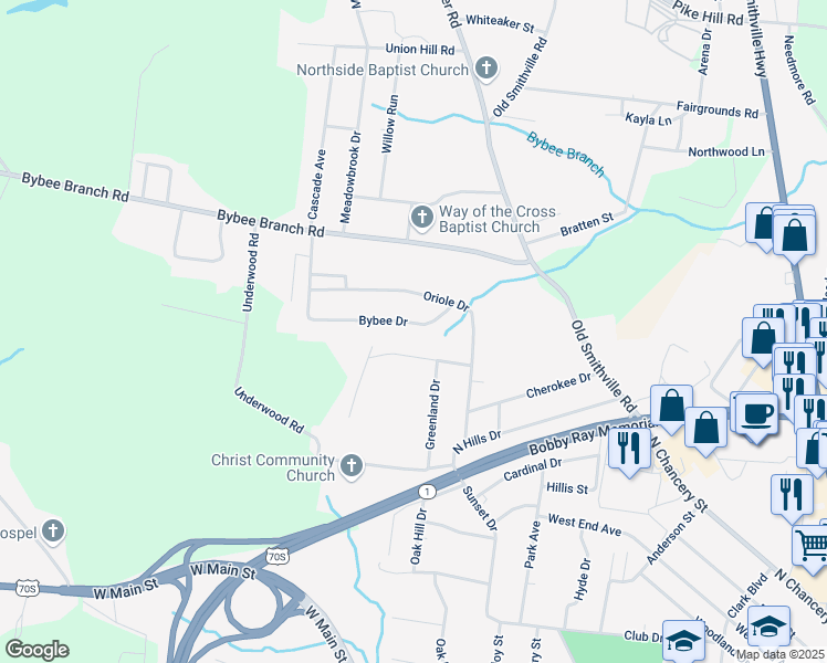 map of restaurants, bars, coffee shops, grocery stores, and more near 121 Bybee Drive in McMinnville